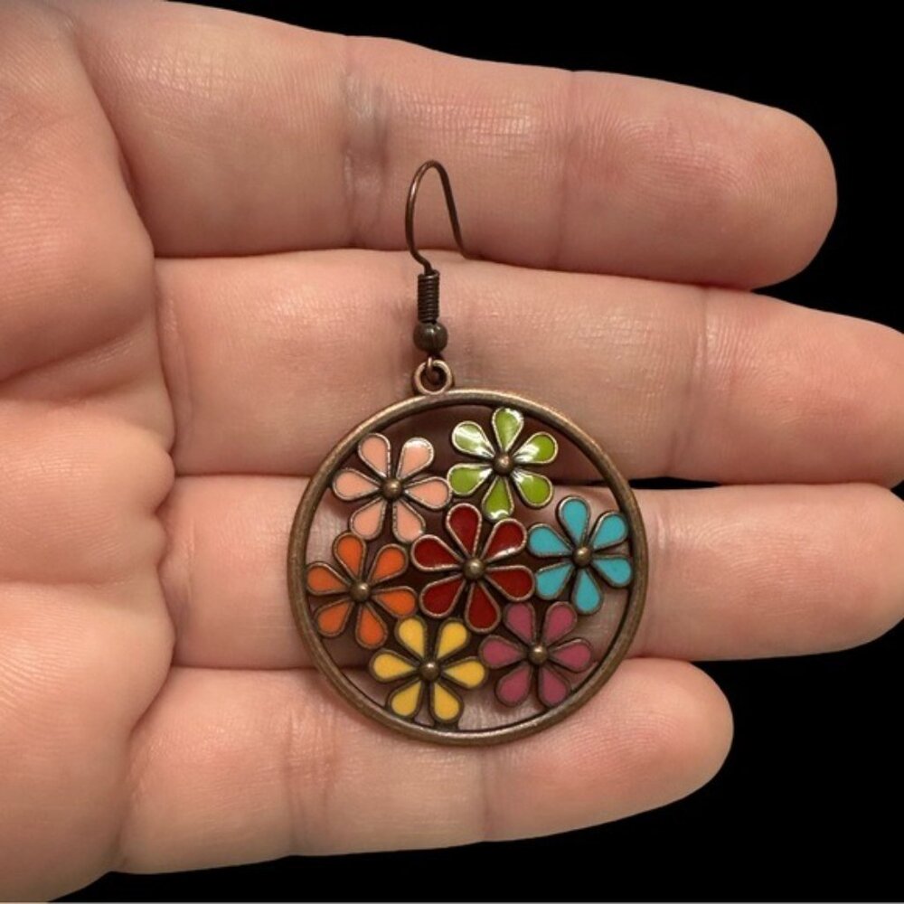 Colorful Floral Design Circle Drop Earrings With Bronze Tone Finish For Women Li - Picture 3 of 3